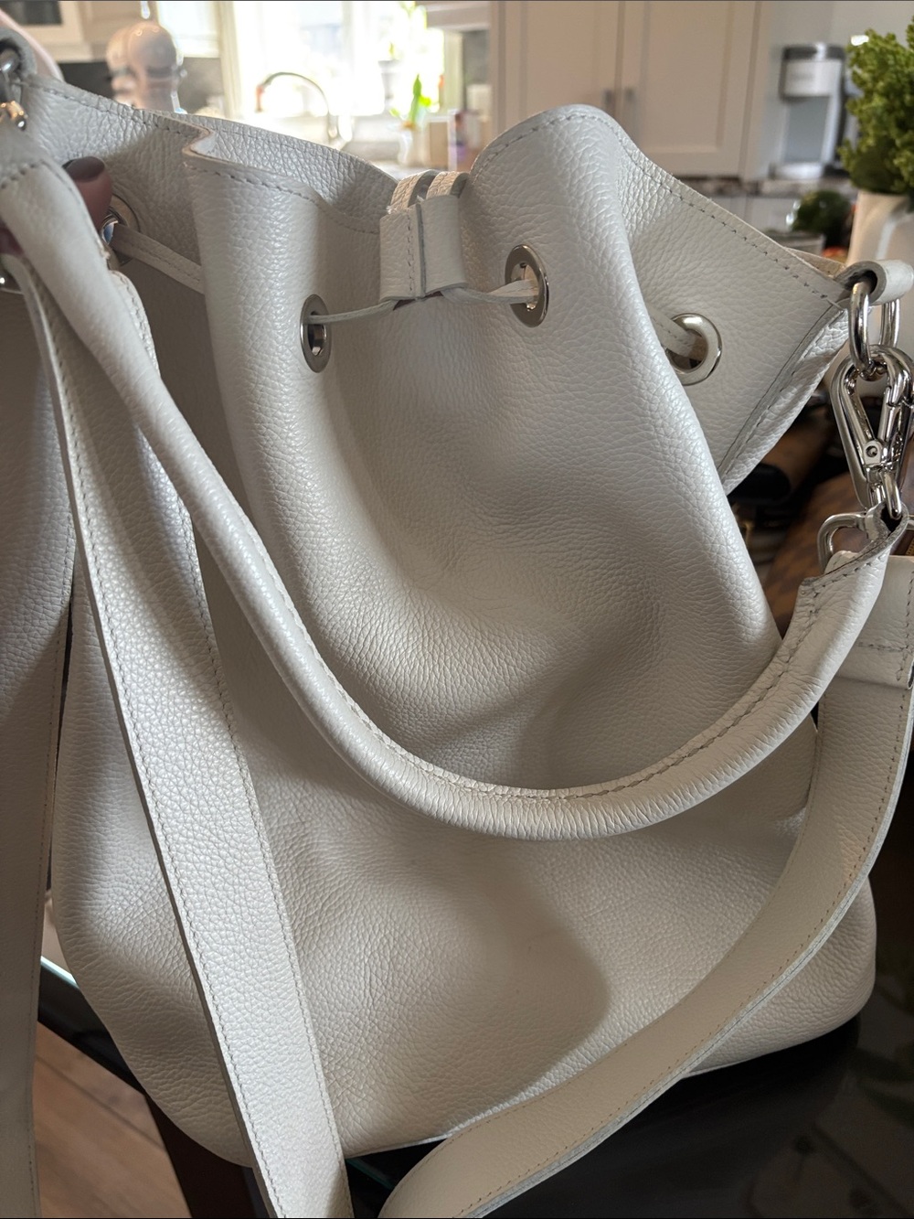 Large Roots off white all leather Bucket bag